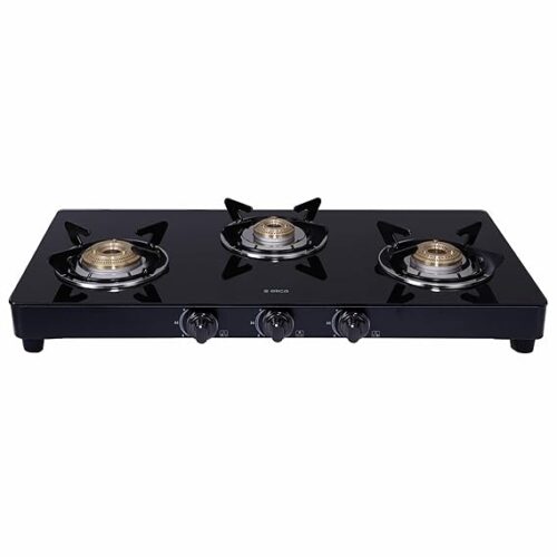 Elica Vetro Glass Top 3 Burner Gas Stove with 1 Jumbo Burner (377 CT VETRO BLK) | Manual Ignition | Black