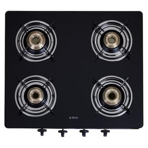 Elica Brass Vetro Glass Top 4 Burner Open Gas Stove, Black, Manual Ignition