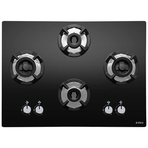 Elica Hob 4 Burner Auto Ignition Glass Top - 2 Double Ring Brass Burner and 2 Mini Triple Ring Brass Burner Gas Stove (CLASSIC FLEXI AB HCT 4B70 DX), Black