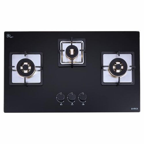 Elica Hob 3 Burner Auto Ignition Glass Top With Direct Flame Full Brass Burners- 1 Small And 2 Medium Gas Stove (Ind Flexi Fb 375 Dx Dfs), Black