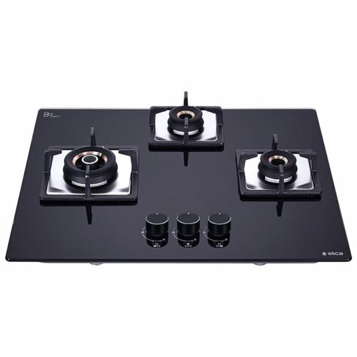 Elica Hob 3 Burner Auto Ignition Glass Top - 2 Mini Triple Ring Brass Burner and 1 Double Ring Brass Gas Stove (Flexi AB HCT 360)