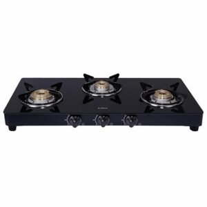 Elica Vetro Glass Top 3 Burner Gas Stove with 1 Jumbo Burner (377 CT VETRO BLK) | Manual Ignition | Black
