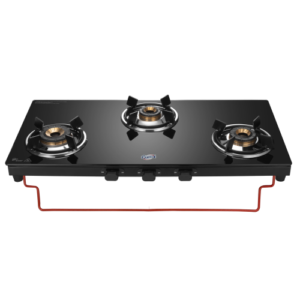 Jyoti 327 Sleek Black 3D Swirl LC | 3 burner Gas Stove | Toughened Glass Cooktop | Gas Saving 3D Swirl Brass Burners with Black SS Frame Base