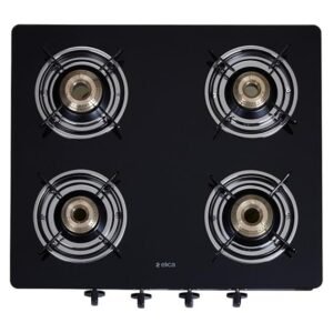 Elica Brass Vetro Glass Top 4 Burner Open Gas Stove, Black, Manual Ignition