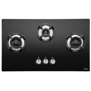 Elica Hob 3 Burner Auto Ignition Glass Top - 1 Double Ring Brass Burner and 2 Mini Triple Ring Brass Burner Gas Stove (CLASSIC FLEXI AB HCT 3B70 DX), Black
