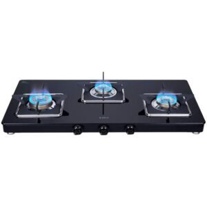 Elica Slimmest 3 Burner Gas Stove with Square Grid and Brass Burner (773 Ct Vetro (Slim Line Spf)), Manual Ignition