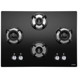 Elica Hob 4 Burner Auto Ignition Glass Top - 2 Double Ring Brass Burner and 2 Mini Triple Ring Brass Burner Gas Stove (CLASSIC FLEXI AB HCT 4B70 DX), Black