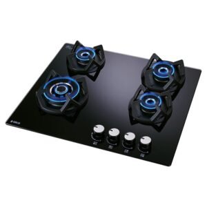 Elica Hob 4 Burner Auto Ignition Glass Top - 3 Double Ring Brass and 1 Mini Triple Ring Brass Burner Gas Stove (CLASSIC AB 4B 60), Black