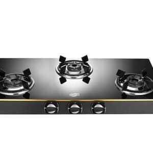 Jyoti 328 Goldline | 3 Burner Glass Gas Stove | Toughened Glass Cooktop with Warranty | Gas Saving 3D Forged Brass Burners | Heavy Flame Guard Pan Supports | Compact Design