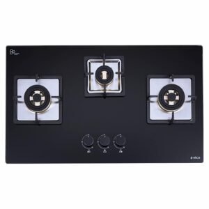 Elica Hob 3 Burner Auto Ignition Glass Top With Direct Flame Full Brass Burners- 1 Small And 2 Medium Gas Stove (Ind Flexi Fb 375 Dx Dfs), Black