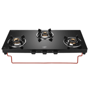 Jyoti 327 Sleek Black 3D Swirl LC | 3 burner Gas Stove | Toughened Glass Cooktop | Gas Saving 3D Swirl Brass Burners with Black SS Frame Base