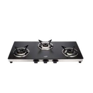 Jyoti 327 Sleek Matte 3D | 3 burner Gas Stove | Toughened Glass Cooktop | Gas Saving 3D Tornado Brass Burners with SS Frame Base (327 Matte 3D)